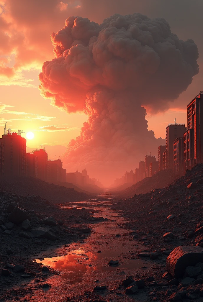 Create a post-apocalyptic scene showing a vast, desolate landscape devastated by a massive explosion. The ground is scorched and cracked, with remnants of buildings reduced to rubble. In the distance, a towering mushroom cloud of smoke and ash still lingers in the sky, partially obscured by dark, swirling clouds. The area is littered with twisted metal, shattered glass, and charred debris, with no signs of life. A reddish-orange glow from the setting sun casts an eerie light over the destruction, highlighting the barren, lifeless terrain.
