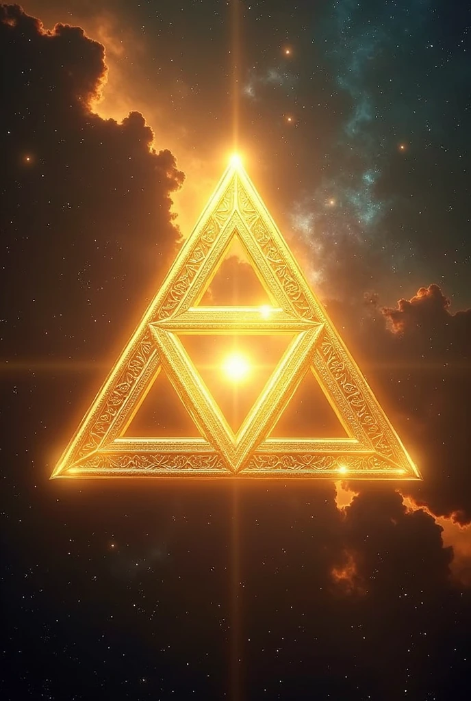 Trinity Triangle shining golden, with image of the universe behind