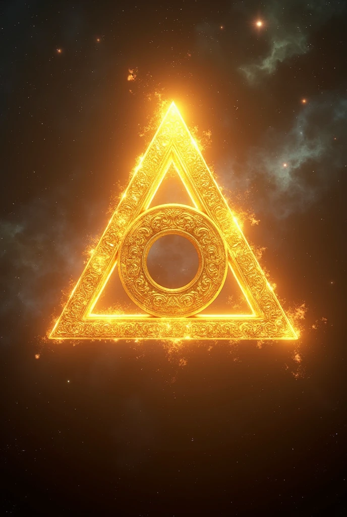 Trinity Triangle shining golden, with image of the universe behind