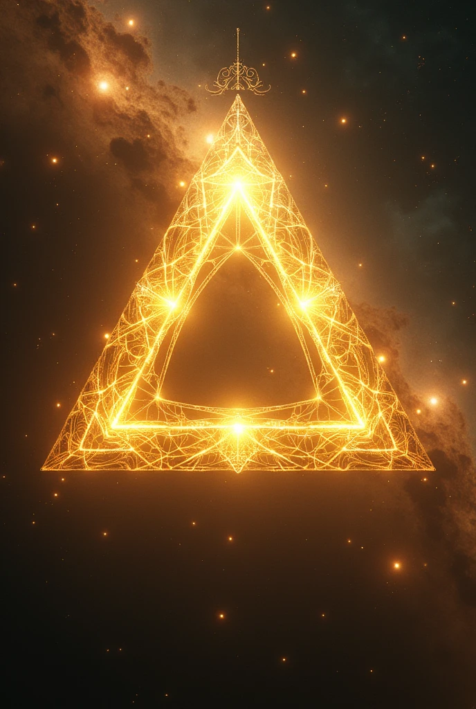 Trinity Triangle shining golden, with image of the universe behind