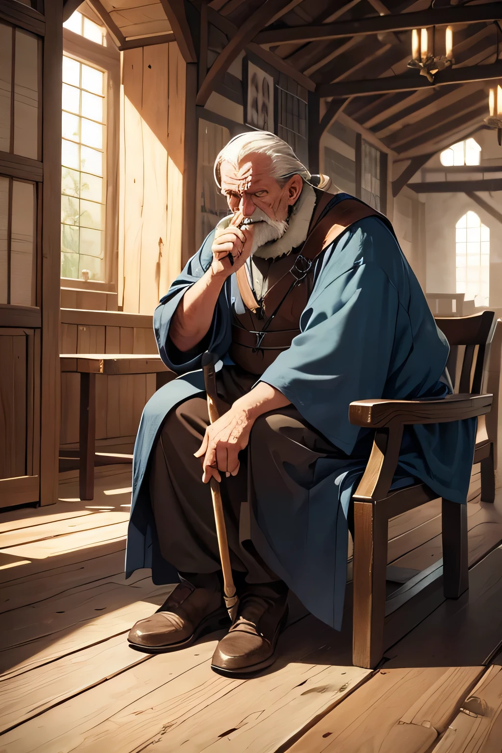 A medieval hunchbacked old man, with a wooden cane and coughing.
