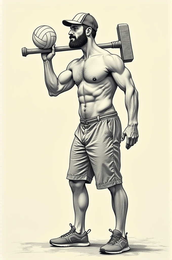 Drawing of a man with a sledgehammer and a volleyball in his hand