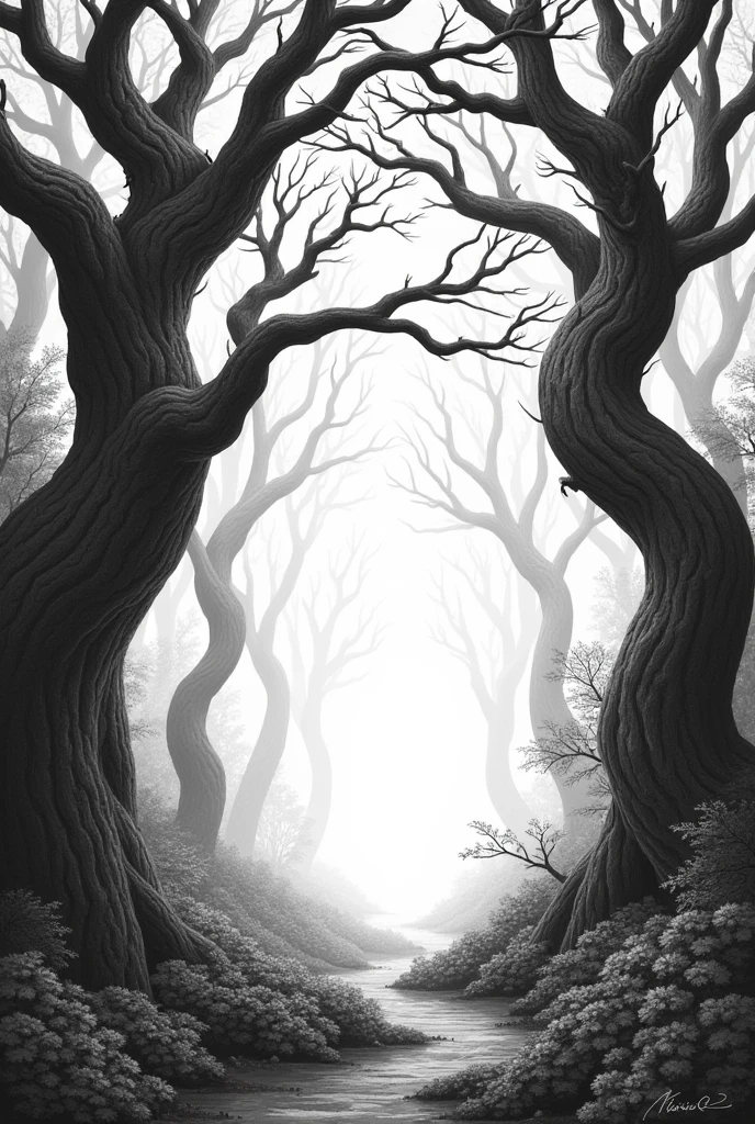 enchanted forest.The drawing is realistic and black and white and without color fill.. The drawing is only an outline