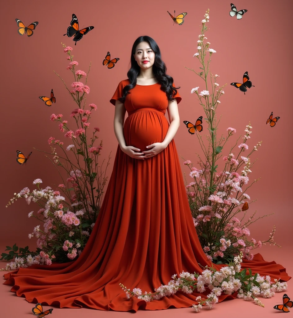 pregnant woman in red dress surrounded by butterflies and flowers, a digital rendering inspired by Tang Yifen, shutterstock contest winner, conceptual art, maternal photography 4 k, full body portrait shot, award winning studio photo, full body photograph, full body portrait, color studio portrait, whole body photography, woman in flowers, portrait photo of a backdrop, korean artist