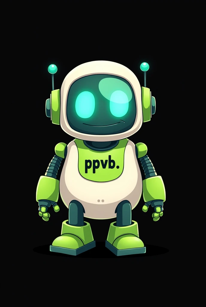 Generate a 640×360 size image of
"A compact, cartoon-style bot image featuring the name 'PPVB.' on the chest of the bot designed and the color the bot in green and white. With a black background