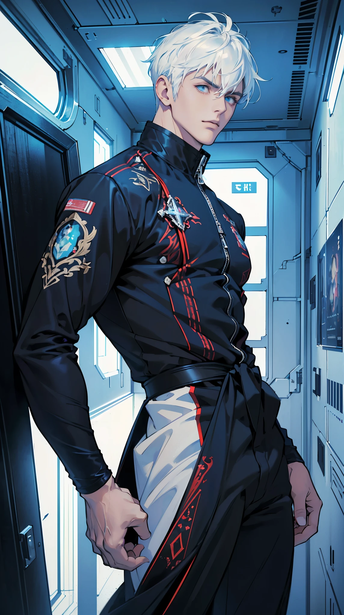 {(best quality, 8k, masterpiece, HDR, soft lighting, perfect image, digital illustration, manhwa art, hyper detailed image, perfect lines, realistic)} 1 very handsome man with short white hair with bangs and blue eyes, wearing black jump suit with red embroidery, muscled (imposing posture, cold expression), {(inside spaceship corridor background)}