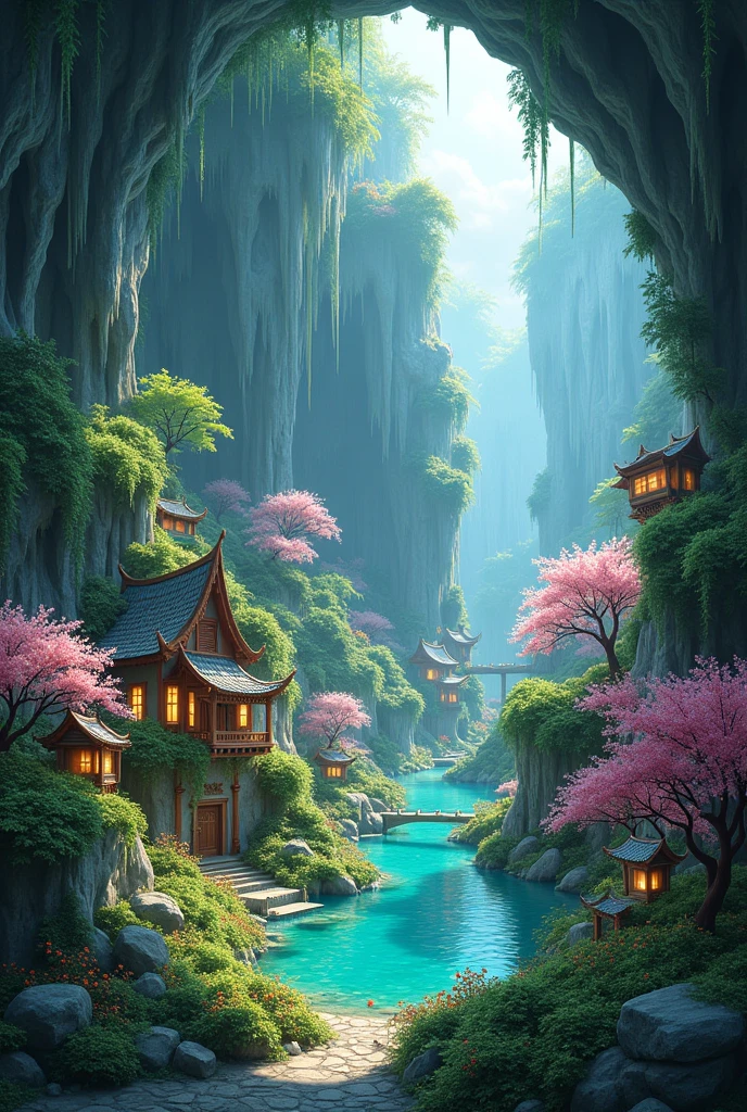 An under groud luch civilisation full with house and flower in side a butiful cave no sky glowing flower cherry blosom tree and many lush green treesand a pond in the midle house in the walls no humen drip stone cealing 