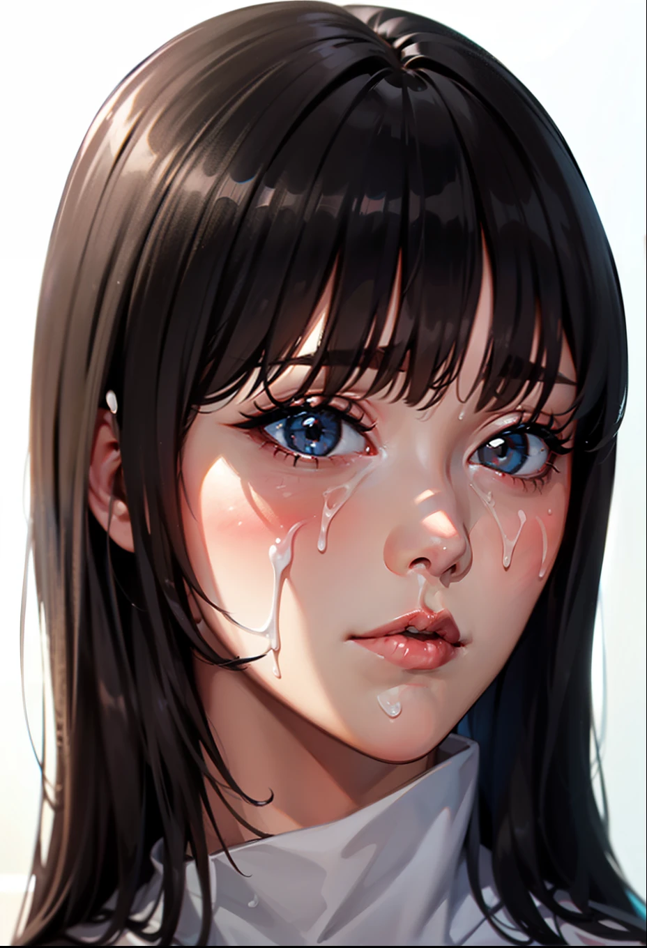 1 girl, black hair, esmerald (blank) (white background), light atmosphere, (light lighting), dark facial makeup, ((erotic expression))((face covered in semen))