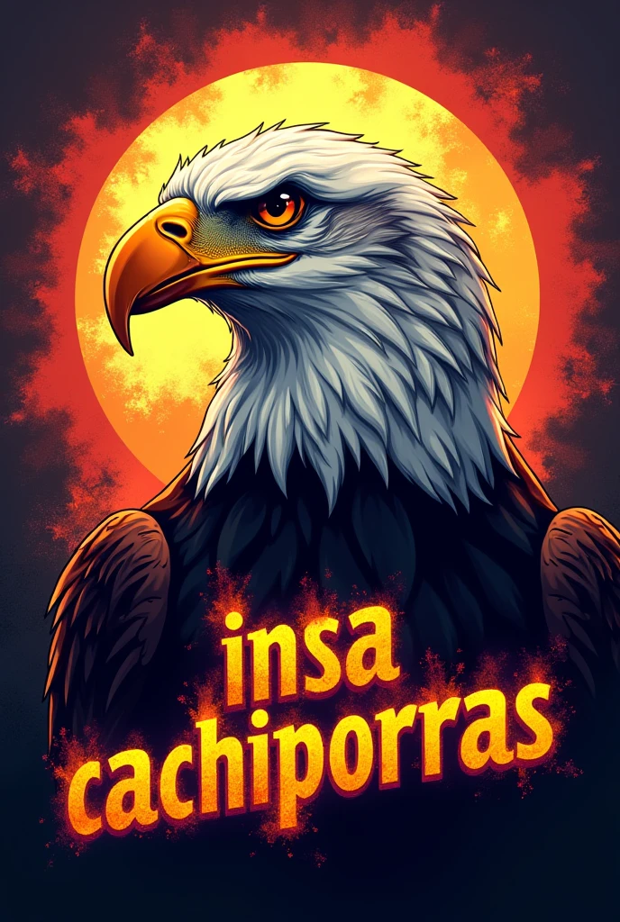The head of a bald eagle in profile below in vibrant colors the letters INSA CACHIPORRAS in spectacular fire-colored letters that look like a t-shirt print