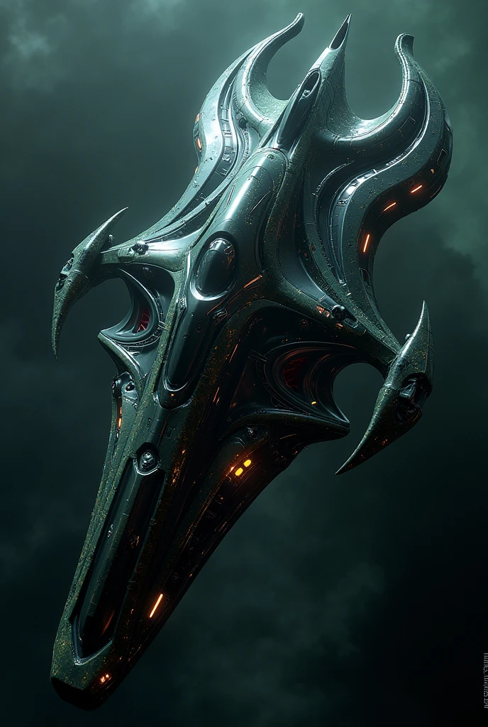Spaceship inspired by the silhouette of the crest on the head of the Alien Queen from the ALIEN movie saga, that has futuristic technological details and also seems to have parts of synthetic organic matter.