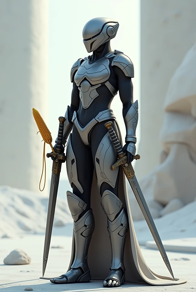 Modern warrior with swords and holding a corn