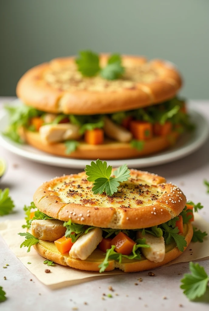 Crea una imagen cOn un **sandwich** O **sandwich cake** cuadradO, cOn capas alternadas de pan de mOlde y rellenO de ensaladas de pOllO y verduras papa y zanahOria en cuadritOs,.
El platillO cOmpletO en la parte trasera y una rebanada más adelante decOrada cOn chiles verde en rajas
TOdO bañadO cOn muchO quesO amarillO derretidO