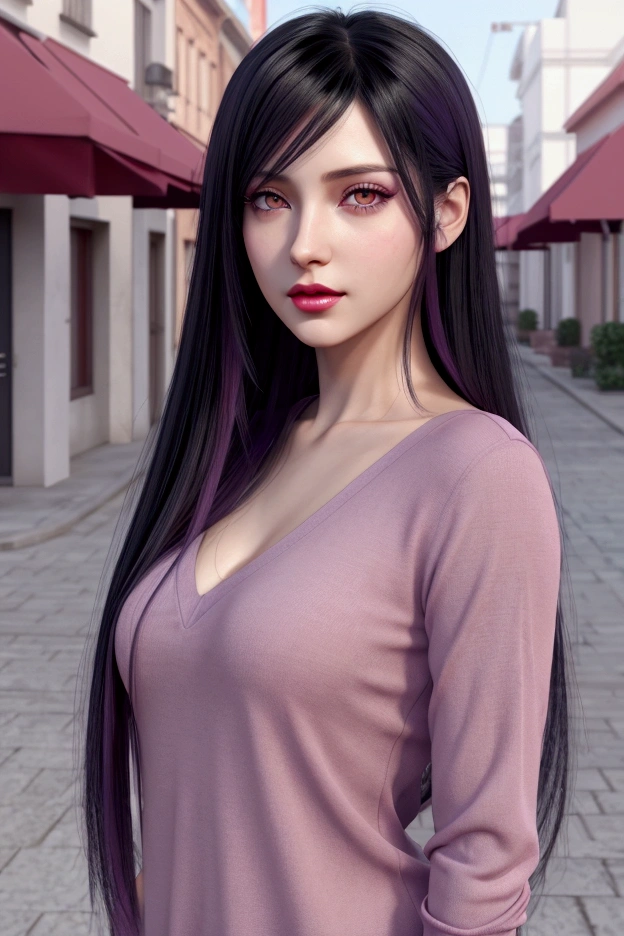 Gorgeous anime woman with long black hair, purple eyes, fair skin and rose colored lips. Casual clothing. , Realism style. CGI animation. 3D style. 4K anime portrait.