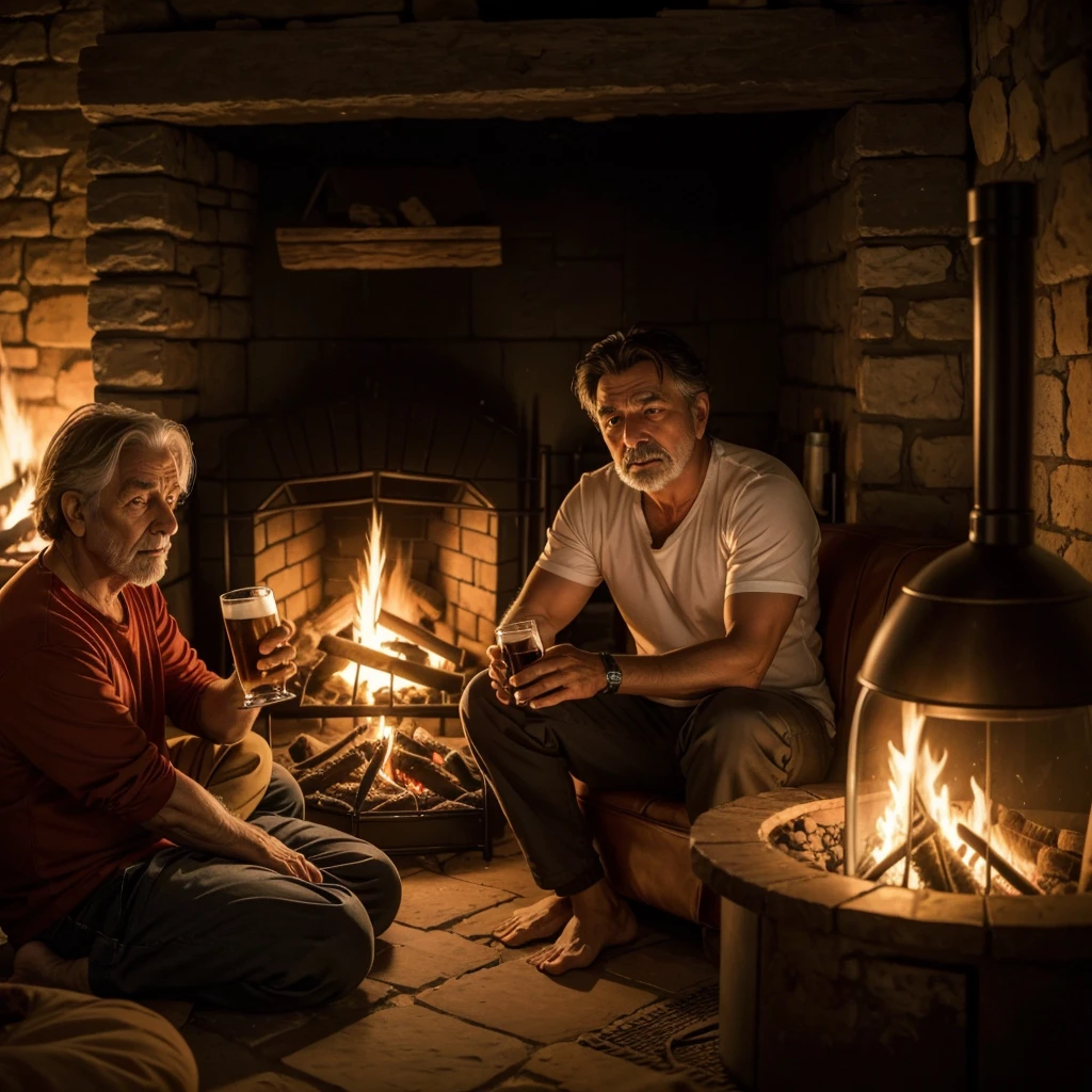 An old tropeiro sitting in front of the fire feeling the weight of age so sad the old tropeiro almost dying of longing drinking a cold beer
