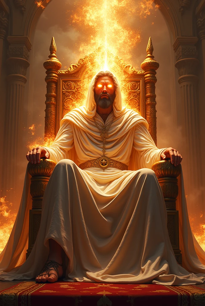 Make an image of God Almighty seated on a powerful throne, his eyes like flames of fire, his garments shining, you cannot see his face. 