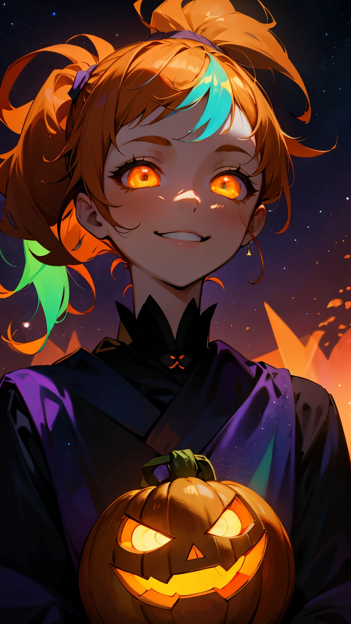 1 Girl、1、Orange Hair、glowing green eyes、Side Ponytail、Jack O'Lantern、Halloween、smile、smile、Upper body close-up、Colorful starry sky、Iridescent aura、Purplish color、Outdoor、Shadow lighting
