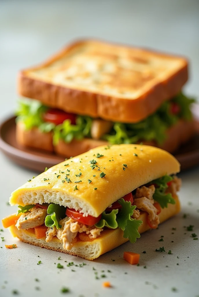 Crea una imagen cOn un **sandwich** O **sandwich cake** cuadradO, cOn capas alternadas de pan de mOlde y rellenO de ensaladas de pOllO y verduras papa y zanahOria en cuadritOs,.
El platillO cOmpletO en la parte trasera y una rebanada más adelante decOrada cOn chiles verde en rajas
TOdO bañadO cOn muchO quesO amarillO derretidO