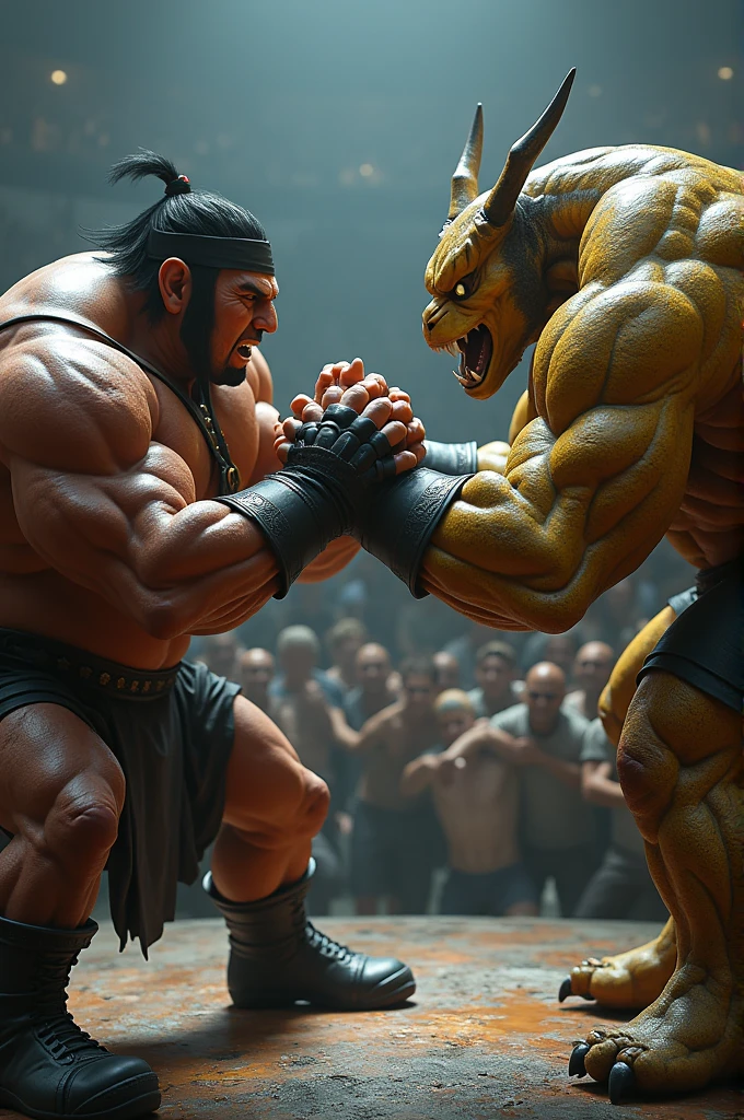 An arm wrestling match between the characters Goro and Machamp.