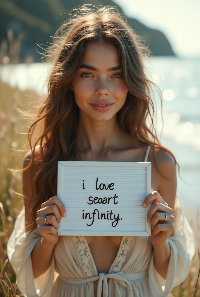 Beautiful girl with wavy long hair, bohemian dress, holding a white board with text "I Love Seaart Infinity" and showing it to the viewer