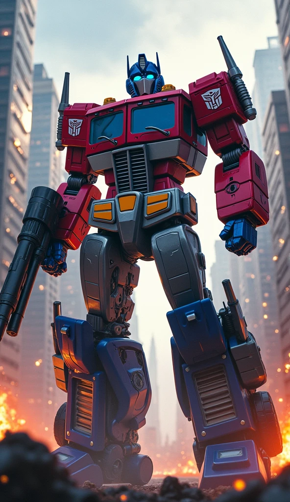Optimis prime fighting, transformers, fight in city, vibrant colour, 9:16 format, aliens, avengers