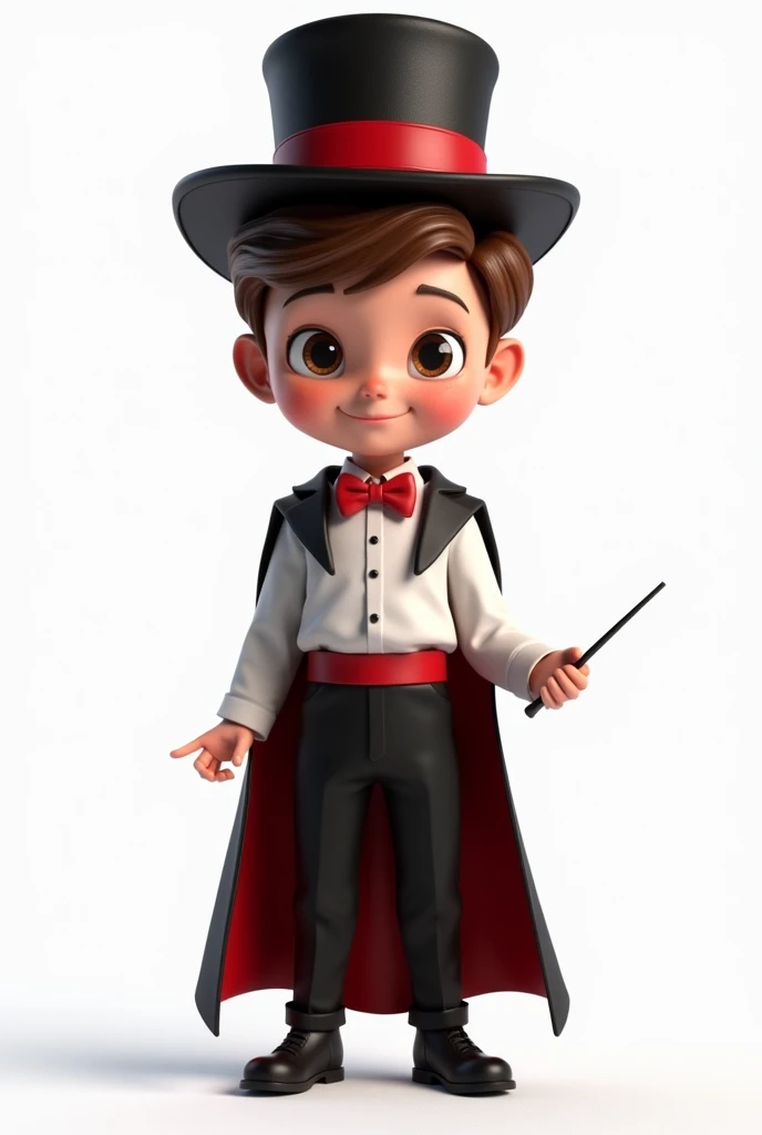 (boy with asymmetrical face, eyes and brown hair), he is dressed as a magician with: black pants, red bow tie, black cape, white shirt with a red band on his stomach, black magician's top hat on his head with a red band (smiling and with a magic wand in hand), developer, facing us, 3d rendering, pixar style, (detailed digital art), stylized 3d rendering, c4d, (full height), high quality, composition, masterpiece, art station, background plain solid white