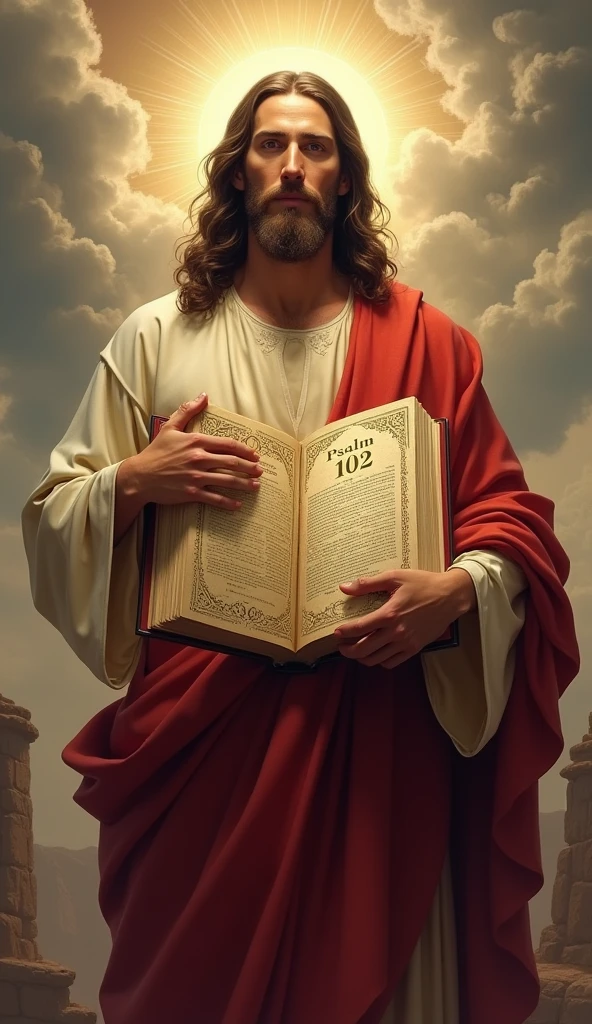 Create an image of Jesus holding a large Book that has Psalm 102 written on the cover