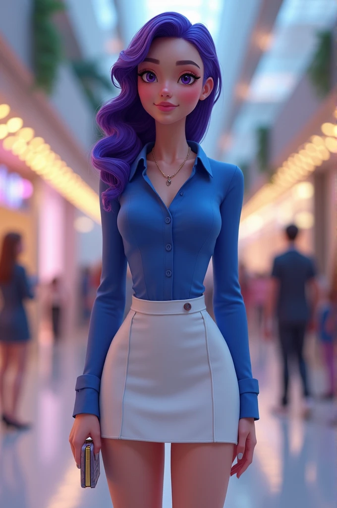 create the image of a young woman, (With Violet&#39;s appearance, from the movie the incredibles) wearing a tight white skirt, shirt blue, is standing in a shopping mall, as if waiting for someone. Royal style.