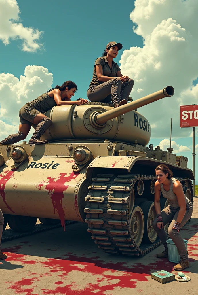 Four wet women are cleaning a huge, worn-out military tank covered in blood stains. They are scattered around the machine: A woman is lying on top of the tank, Another is leaning forward cleaning one of the stains, while two more stand on the sides, working with sponges and buckets of water. The women wear combat boots and display different skin tones and hair styles., while one of them is wearing a leather jacket and a military cap, sitting casually on top of the tank watching the others. The tank has the name &#39;Rosie&#39; written on its side, and the scene has a sunny background with fluffy clouds and a bus stop sign in the background, adding a surreal and provocative tone to the scene