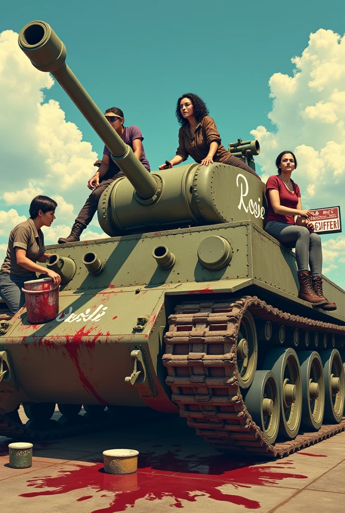 Four wet women are cleaning a huge, worn-out military tank covered in blood stains. They are scattered around the machine: A woman is lying on top of the tank, Another is leaning forward cleaning one of the stains, while two more stand on the sides, working with sponges and buckets of water. The women wear combat boots and display different skin tones and hair styles., while one of them is wearing a leather jacket and a military cap, sitting casually on top of the tank watching the others. The tank has the name &#39;Rosie&#39; written on its side, and the scene has a sunny background with fluffy clouds and a bus stop sign in the background, adding a surreal and provocative tone to the scene