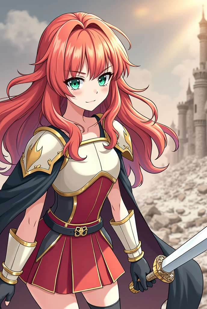 Do it in anime style and in a scenario of destruction in a castle and her in combat posture, Human  Skyler is a beautiful girl with long straight hair, of a vibrant red hue, that have wavy locks, providing it with volume. Her bangs are wavy and slightly disheveled., partially covering your forehead and part of your eyebrows.
His face radiates ferocity, with an angry grin and a savage expression of battle, your delicate and fine features, highlighted by freckles on the cheeks and a straight nose. Her big, bright eyes are green, standing out like precious gems. Thin eyebrows add intensity to your look.

Skyler is wearing a short, tight dress, strapless and with a straight neckline, in a scarlet tone that highlights your beautiful curves, while the skirt falls elegantly to mid-thigh.

Skyler wears a compact off-white metal breastplate that covers only her bust., with thick golden edges, leaving the shoulders and part of the abdomen unprotected. In the center of the chest, there is a small gold cross with slightly flared arms and tips that resemble arrows.

in the arms, long dark silk gloves extend past the elbows, each glove is equipped with a rectangular metal plate integrated into the back of the hands. On the forearms, whitish metal guards extend, integrating with the elbow pads, both decorated with golden flames on their surface.
Fitted to the waist, is a black leather belt with a gold buckle, where a long sword is sheathed. She wears black silk stockings that cover her legs above the knees.. The leg guards are white steel with gold flame details., covering the lower legs. Your boots are high, reaching below the knees, with integrated shin guards and robust triangular-shaped knee pads.

Over the shoulders, wears a long black cape with red lining, held by a silver griffin brooch, that flows elegantly along your back.