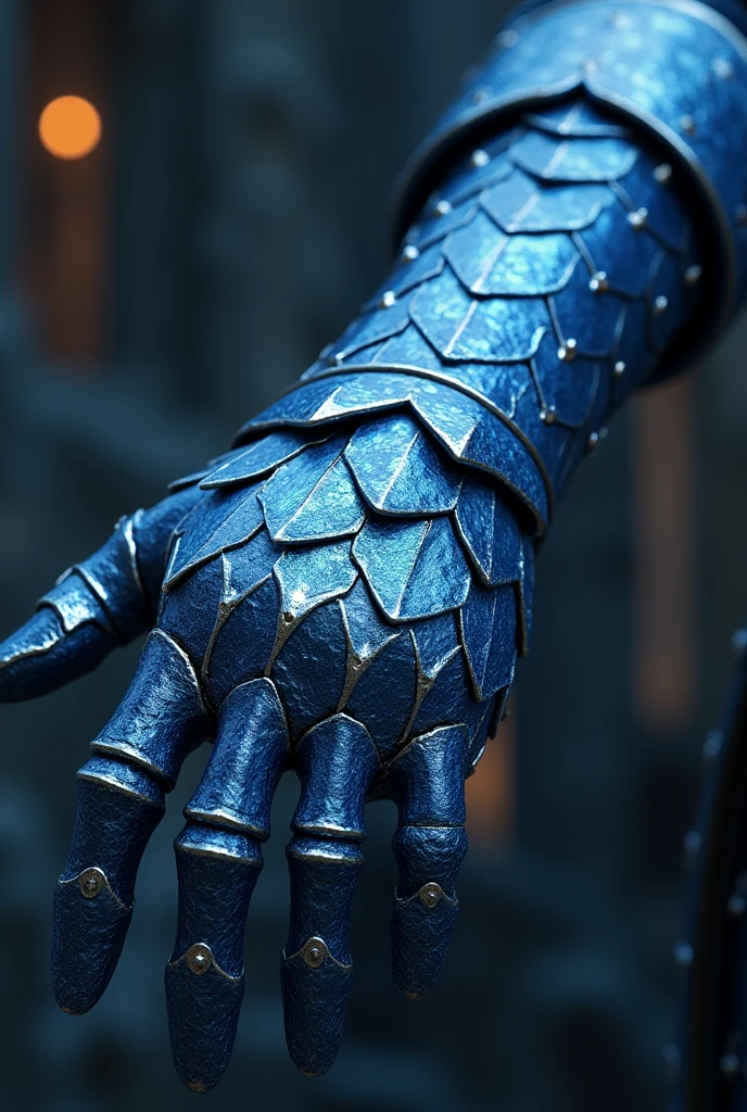 a medieval blue gauntlet with ice-like scales, a gun rest running from the hand to the shoulder, highly detailed, medieval style, gleaming metal, dynamic lighting, cinematic composition, 8k, photorealistic