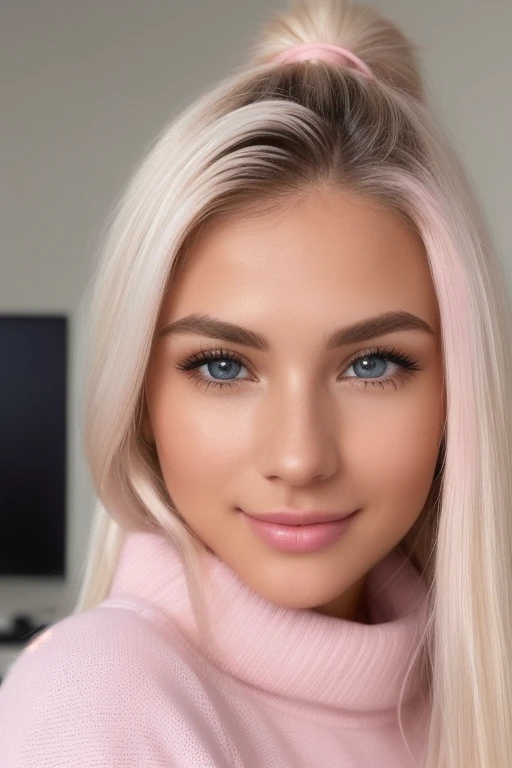 „((Hyper-realistic shot of a Gamer-Girl with long, white hair that has a natural, soft texture and slight waves)). ((She is wearing a large, cozy sweater and sweatpants, both in pink)). ((The sweater is oversized with a relaxed fit, featuring a large, ribbed collar and cuffs, and subtle texture details such as knitted patterns that add depth)). ((The sweatpants are loose-fitting with a soft, brushed texture and elastic waistband, featuring matching pink drawstrings)). ((Her hands are detailed with well-groomed nails, slightly rounded tips, and natural nail polish in a soft pink shade)). ((Her face is rendered with high realism, showcasing smooth, blemish-free skin, natural contours, defined cheekbones, and a gentle, expressive smile)). ((Her eyes are large, deep blue, and naturally bright, with realistic reflections and subtle detail in the irises and eyelashes)). ((The background features a gaming setup with high-quality monitors, a keyboard, and a mouse, all subtly detailed with realistic lighting and shadows)). ((The color palette of the background remains in pink and white tones to match her outfit, with additional details such as slight reflections and ambient light effects to enhance realism)). ((An Instagram filter is applied, adding a subtle glow, softening the skin, and highlighting all the fine details)). ((The shot is in a large close-up, focusing intently on her face and upper body to emphasize realistic details like hair texture, skin imperfections, clothing details, and gaming accessories)).”