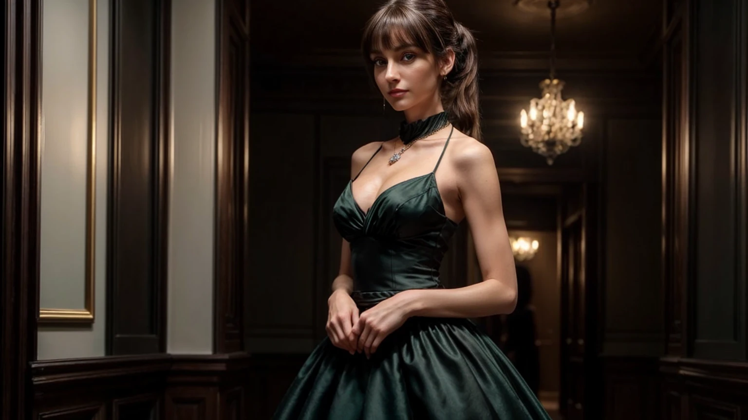 1 person, Caucasian female, 30 years old, slim waist, very tiny breasts, medium thighs, small stomach, beautiful black ball gown, Brunette, ponytail with split bangs, detailed face:1.5, diamond necklace, dark green eyes, elegantly standing, perfect face:1.5, 4k, ultra realistic