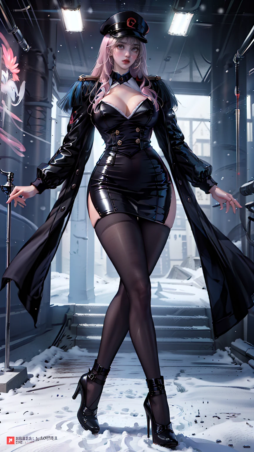 Mature beautiful woman,(Highest quality,Extremely detailed depiction,Incredible high resolution,Anatomically accurate depiction,Curvy Legs,Glowing Skin,Porcelain-like skin,Perfect body),(Sexy Female Soldier,uniform,Pencil Skirt,High heels,black tights,Hats for the winter,latex,Heavy coat,Winter Gear),eyelash,Flashy makeup,eye shadow,Intense glowing purple eyes,Half a point.4,Large Breasts,Glossy pink lips,Shadowed face,Captivating smile,whole body:1.2,(background:Snowfield:1.3),Snow Scene,that&#39;it&#39;s snowing,Side view:1.3