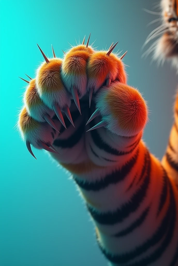 Generate me an image where I can only see a tiger paw with its claws, holding a cereal box that measures 28.6 cm high, 19.2 cm wide and 5.7 cm thick and the background is a horizontal linear gradient from #134cb9 to #00abff