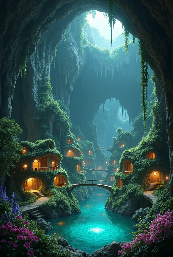 An under groud luch civilisation full with house and flower in side a butiful cave no sky glowing flower many lush green treesand a pond in the midle house in the walls no humen drip stone and plants cealing no sun light in a cave