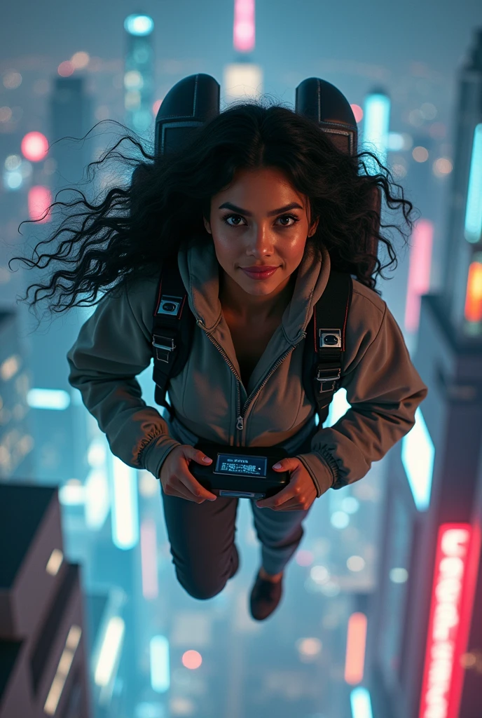realistic photo of a (pretty girl, 20 years old, brunette, black eyes) flaying using at her bac a jetpack with a big capsule atached at side as a sidecar, (full lips) , ((perfect face)), [[mild smile]], proportionate body,mixed herritage, beautyfull, beautyfull face, tanned skin, two arms, two legs, five fingers by hand, full body, (softly curly black long hair), girl flaying with a self-propeled bakcpack at her back, jet-backpack with a closed capsule atached , reinforced pants, jackets, goggles, rc device at hands, girl flying over a cyberpunk city using a jetpack, night, modern buildings, photo taken from back, realistic photo, canon,
