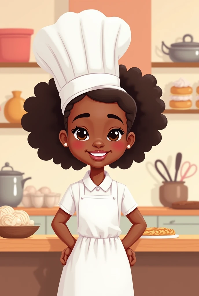Chibi drawing of a black woman baker wearing a white outfit