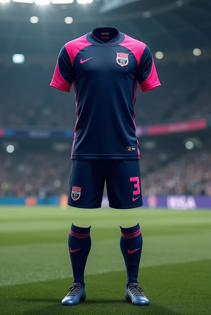 Create a navy blue and white soccer uniform, with pink details