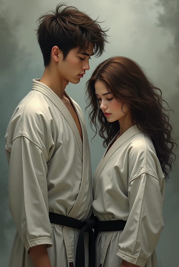 I need a cover for a book called "Whispers of a broken love ", A tall, white boy with brown hair comes out and he is sad. , and a girl with brown curly hair and both are distanced and dressed in taekwondo clothing 