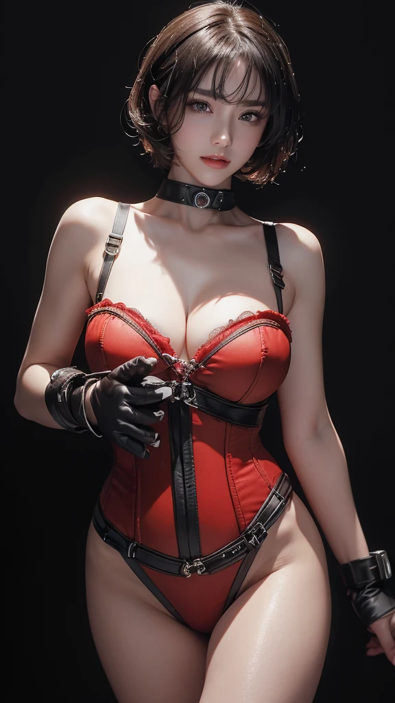 masterpiece, Highest quality, Very detailed, To the camera, 複雑に詳細なVery detailedな, Realistic, Sharp features, Very detailed, Sharp focus, Perfect Face, Perfect Face, Perfect symmetry and perfect eyes, Perfect Plump Lips, Flexible female form, Cinematic, Film Light, Very detailedな, hyper Realistic, masterpiece, Atmospheric, High resolution, Vibrant, Dynamic Studio Lighting, ((Dark Background)), The facial expression when feeling happy, handcuffs, BDSM, slave, Rubber, Red Corset, Red collar, Browsing Caution, ((Highest quality, 8k, masterpiece: 1.3)), Sharp focus: 1.2, Beautiful woman with perfect figure: 1.4, Slim Abs: 1.2, Wet body: 1.5, Very detailedな顔と肌の質感, Detailed eyes, double eyelid, Very short hair