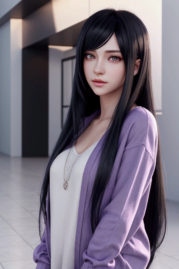 Gorgeous anime woman with long black hair,, purple eyes,, fair skin . Casual clothing. , Realism style. CGI animation. 3D style. 4K anime portrait.