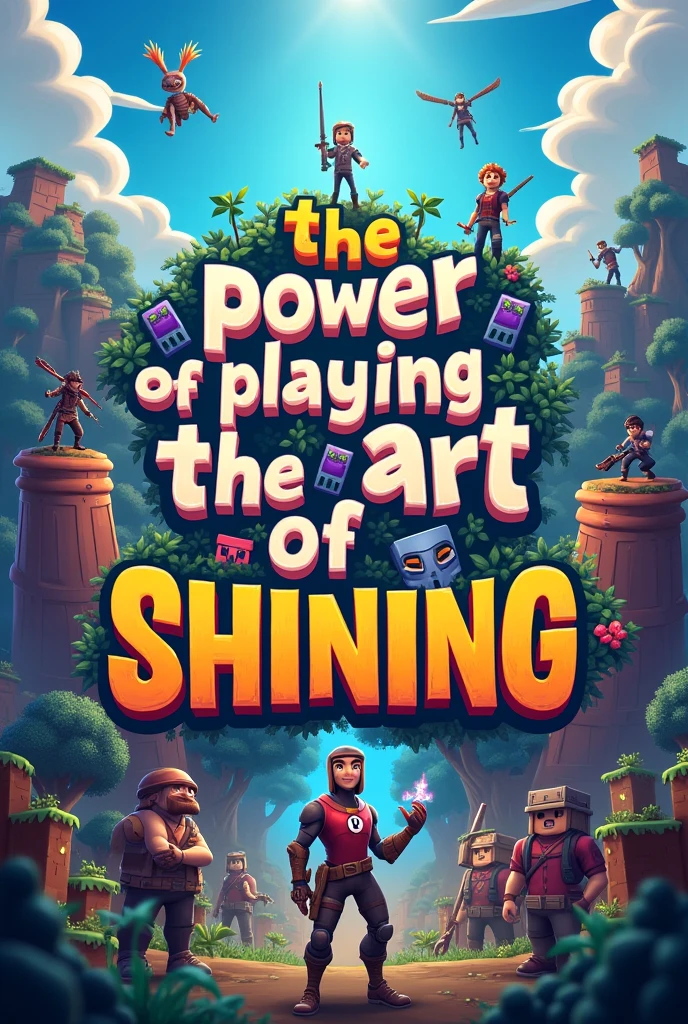 une image avec plein de références au jeu video (fortnite et minecraft) avec écrit en 1er plan au milieu the power of playing the art of shining