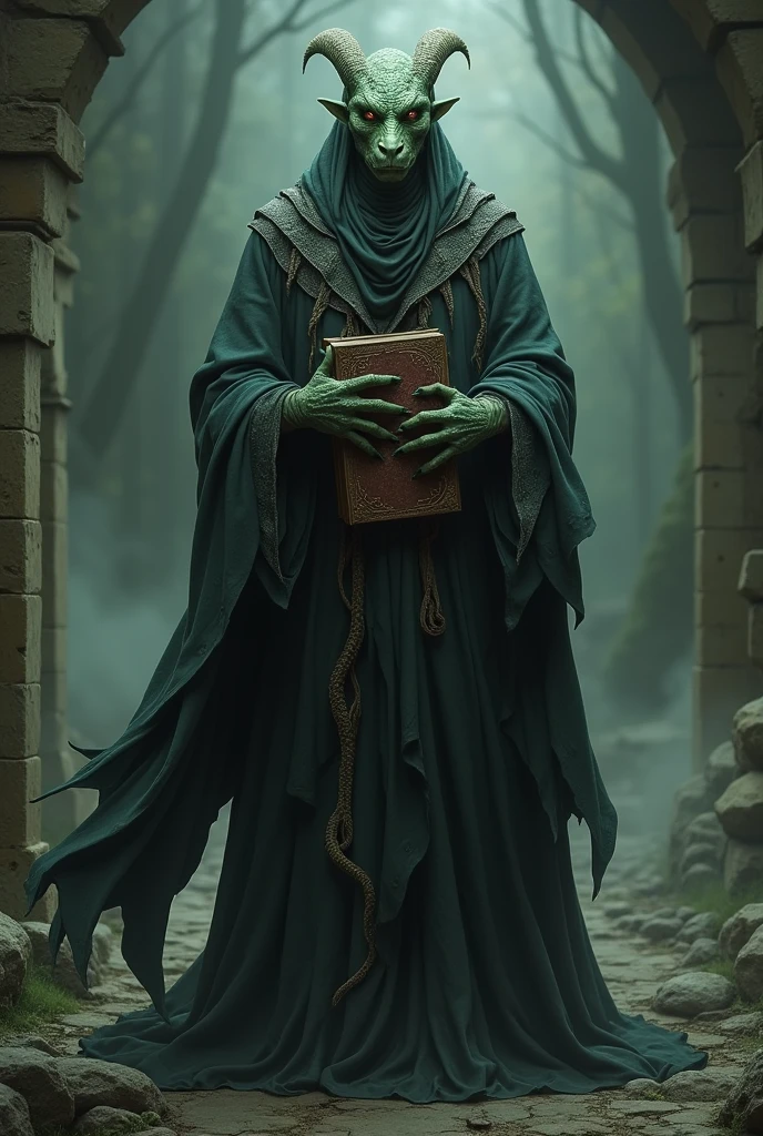 A wizard who is a mix of a human and a serpent. Its constitution, The arrangement of limbs is humanoid and its face closely resembles that of an ordinary human., but his eyes were slitted and his scales were isolated both on his hands, as in the neck indicate its serpentine nature. He wears a robe and carries a grimoire of spells..