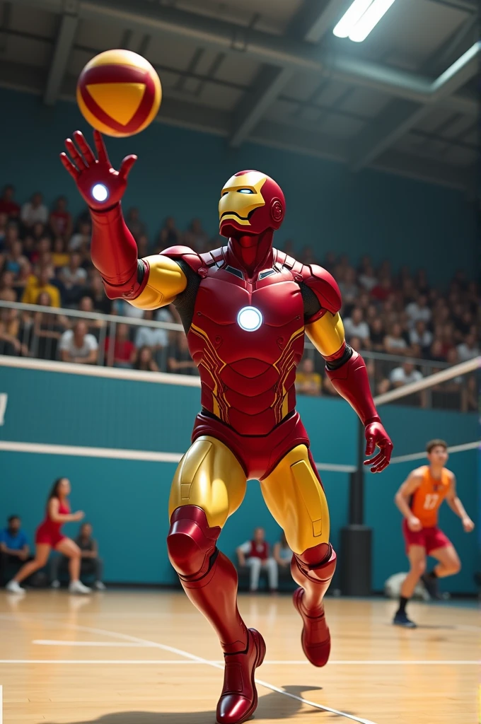 Iron Man playing indoor volleyball