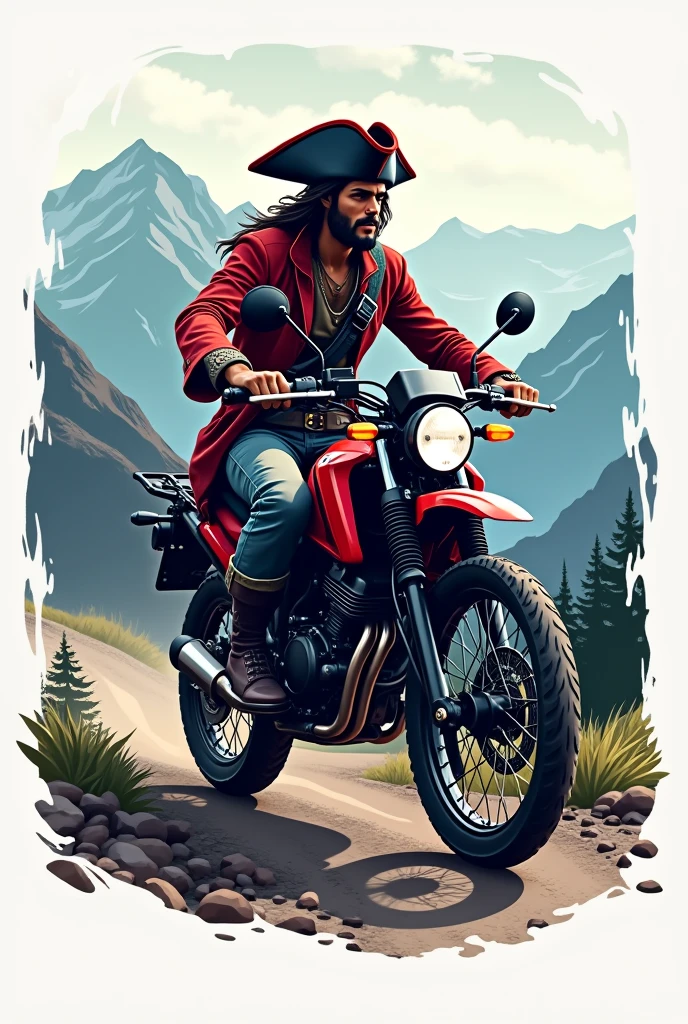 ((Logo vector con borde blanco)), ((Honda NC750X 2016 model year)) , ((trail bike with panniers)), ((pirate riding a motorcycle)), (((crear un Logo vectorizado con borde blanco de un pirata manejando una honda TRAIL))), fondo montañas a close up of a person riding a dirt bike on a mountain, adventurous, Logotipo deportivo, Estilo de Logotipo vectorizado, Logo vector art, adventure, Diseño de concepto de Logotipo, travel and adventure, riding, new adventure, Diseño de Logo, by Daniel Schultz, trail of light, arte del Logotipo, simple and clean illustration, Extreme sports, Logo, Logo