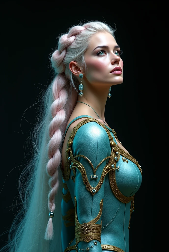 GISELE BUNDCHEN AS A GORGEOUS ELVE WARRIOR , WARRIOR WOMAN, BUST IMAGE STYLE, STUDIO IMAGE STYLE, BLACK INFINITE BACKGROUND, DIFFUSED LIGHTS ON FACE, BACK LIGHTS ON HAIR, LUMINOUS PINK BLUE HAIR, CLOSE FACE SHOT, HUGE LONG HAIR, HUGE STRAIGHT LONG HAIR, BRAID HAIR STYLE, PLATINUM EYEBROWS, LIGHTNING GREEN EYES, VERY PALE SKIN, LUMINOUS SKIN, FEMALE FAIRY, TOLKIEN MITHOLOGY, EXPOSED LONG TIP EARS, HIGH CHEEKBONES, ROSY CHEEKS, GORGEOUS LIPS, SOFT LIPSTICK, GORGEOUS CURVY BODY, SOFT MUSCLES, VOLUMOUS BREASTS, BLUE GREEN ARMOUR, FULL BODY ARMOUS, FLAT BOOTS, NECK CLEAVAGE, LONG BRACELETS, GOLD DETAILS, GOLDEN HEADBAND , ENIGMATIC FACE EXPRESSION, SIDE FACE VIEW, EYES LOOKING UP, TOLKIEN MITHOLOGY, HIGH QUALITY IMAGE, MASTERPIECE, 8K