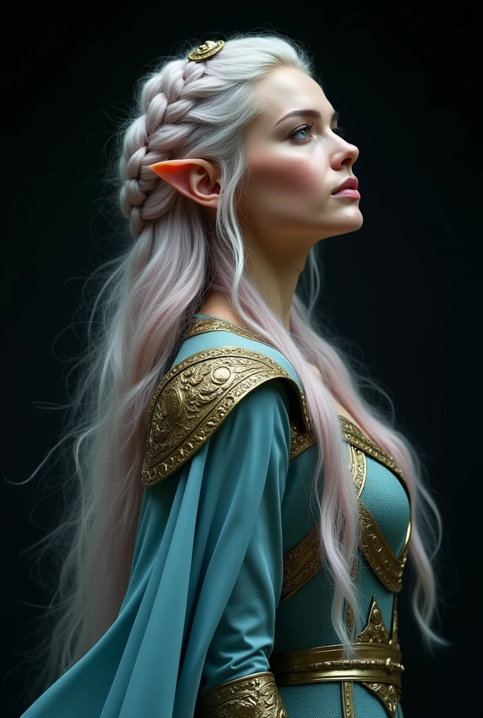 GISELE BUNDCHEN AS A GORGEOUS ELVE WARRIOR , WARRIOR WOMAN, BUST IMAGE STYLE, STUDIO IMAGE STYLE, BLACK INFINITE BACKGROUND, DIFFUSED LIGHTS ON FACE, BACK LIGHTS ON HAIR, LUMINOUS PINK BLUE HAIR, CLOSE FACE SHOT, HUGE LONG HAIR, HUGE STRAIGHT LONG HAIR, BRAID HAIR STYLE, PLATINUM EYEBROWS, LIGHTNING GREEN EYES, VERY PALE SKIN, LUMINOUS SKIN, FEMALE FAIRY, TOLKIEN MITHOLOGY, EXPOSED LONG TIP EARS, HIGH CHEEKBONES, ROSY CHEEKS, GORGEOUS LIPS, SOFT LIPSTICK, GORGEOUS CURVY BODY, SOFT MUSCLES, VOLUMOUS BREASTS, BLUE GREEN ARMOUR, FULL BODY ARMOUS, FLAT BOOTS, NECK CLEAVAGE, LONG BRACELETS, GOLD DETAILS, GOLDEN HEADBAND , ENIGMATIC FACE EXPRESSION, SIDE FACE VIEW, EYES LOOKING UP, TOLKIEN MITHOLOGY, HIGH QUALITY IMAGE, MASTERPIECE, 8K