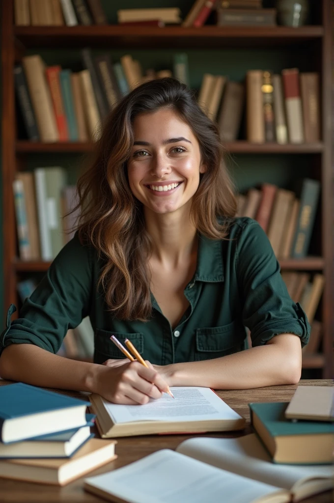 Woman, studying with lots of books and notebooks