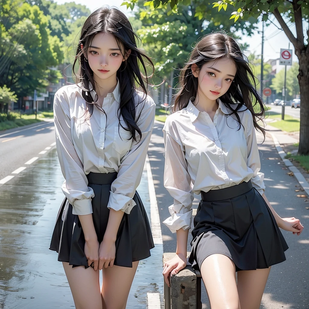 Beautiful girl crying on a country road, Rainy, Trees around the road々, Standing wiping away tears, Wet shirt, Use a skirt, Long Hair, Black Hair, A little thick